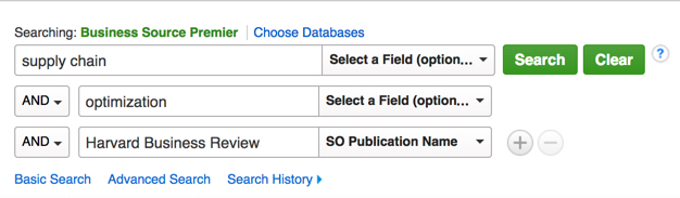 Business Source Premier search box with sample search - supply chain, optimization, and Harvard Business Review in 3 separate search boxes.
